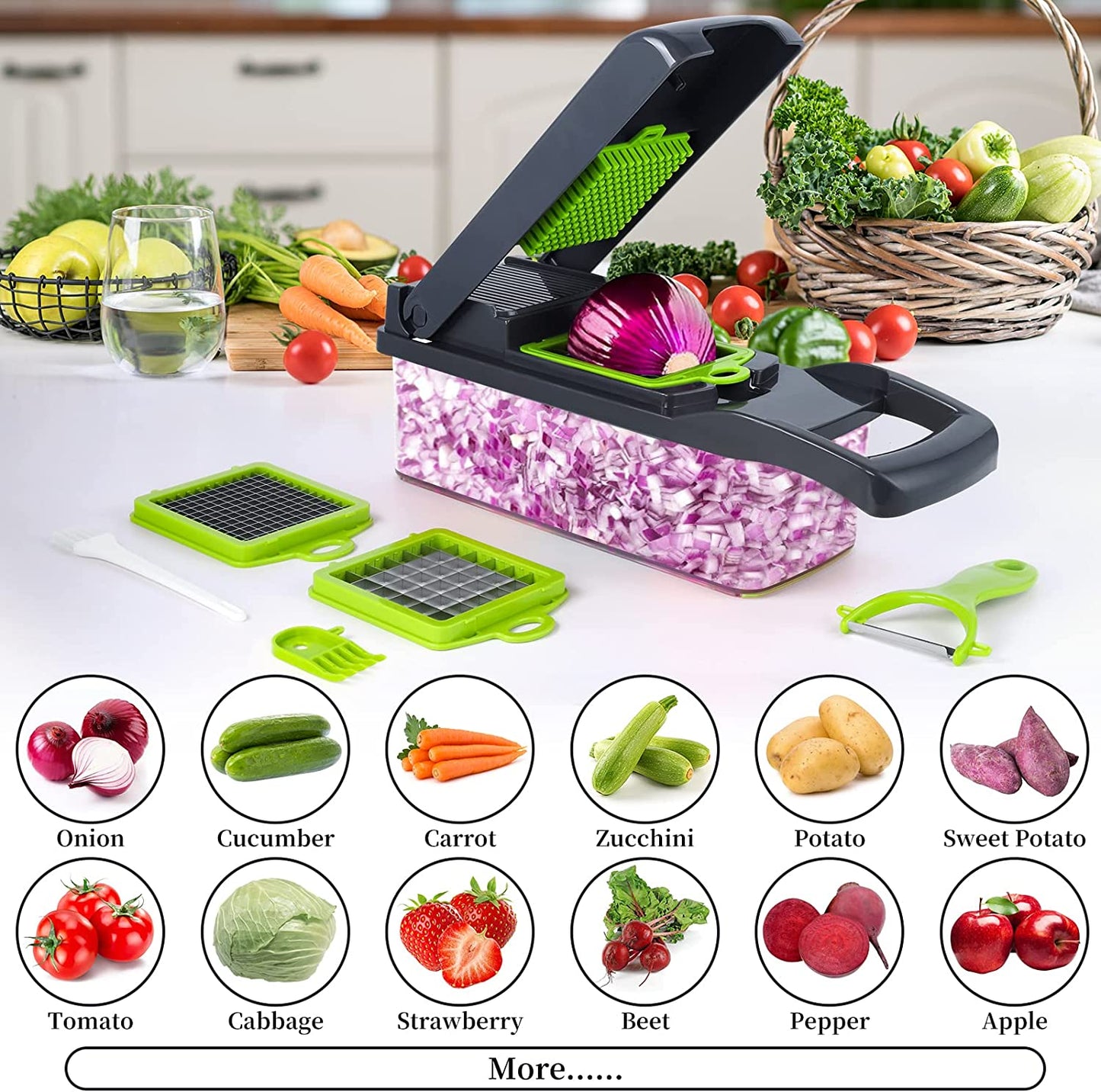 Vegetable Chopper, Pro Onion Chopper, 14 in 1Multifunctional Food Chopper, Kitchen Vegetable Slicer Dicer Cutter,Veggie Chopper with 8 Blades,Carrot and Garlic Chopper with Container (Gray)