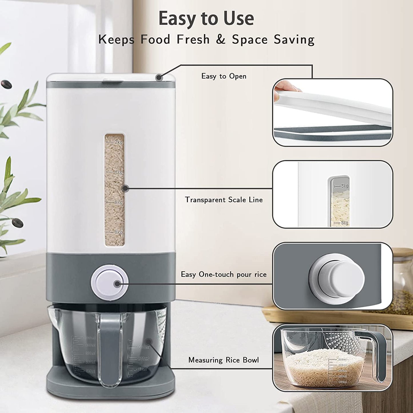22-25 Lbs Rice Dispenser, Large Cereal Dry Food Storage Containers with Measuring Cup,Bpa-Free Household for Kitchen Pantry Organization-Grey