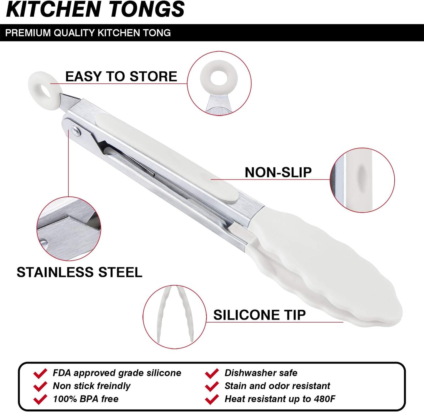 Kitchen Food Tongs - 7" Mini Silicone Serving Tongs for Appetizers - Set of 3 (Black White Gray)