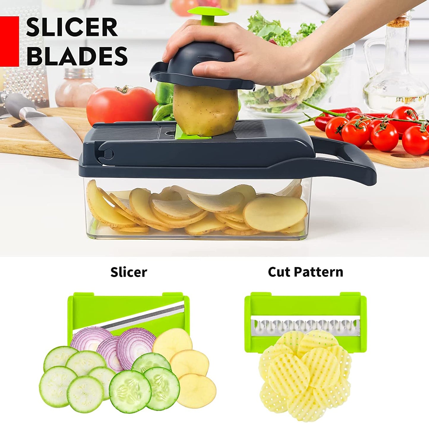 Vegetable Chopper, Pro Onion Chopper, 14 in 1Multifunctional Food Chopper, Kitchen Vegetable Slicer Dicer Cutter,Veggie Chopper with 8 Blades,Carrot and Garlic Chopper with Container (Gray)
