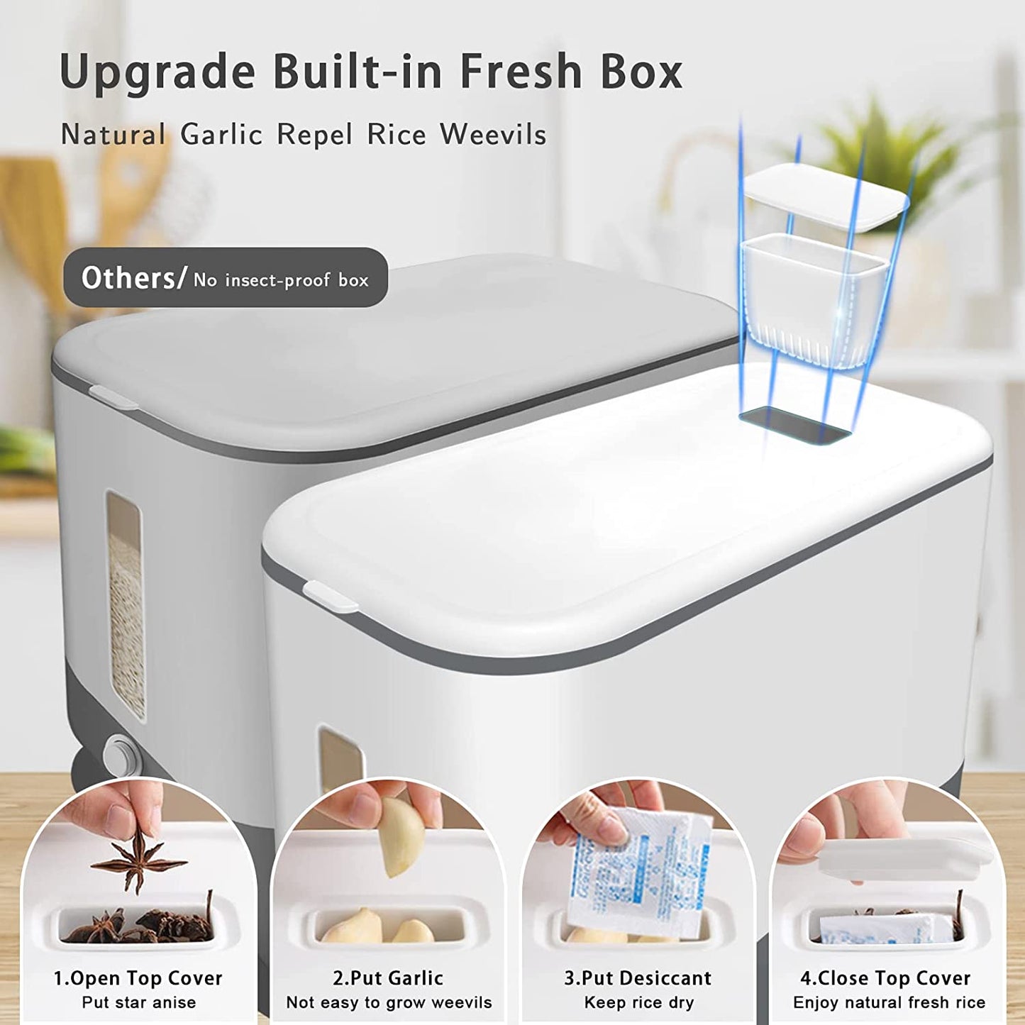 22-25 Lbs Rice Dispenser, Large Cereal Dry Food Storage Containers with Measuring Cup,Bpa-Free Household for Kitchen Pantry Organization-Grey