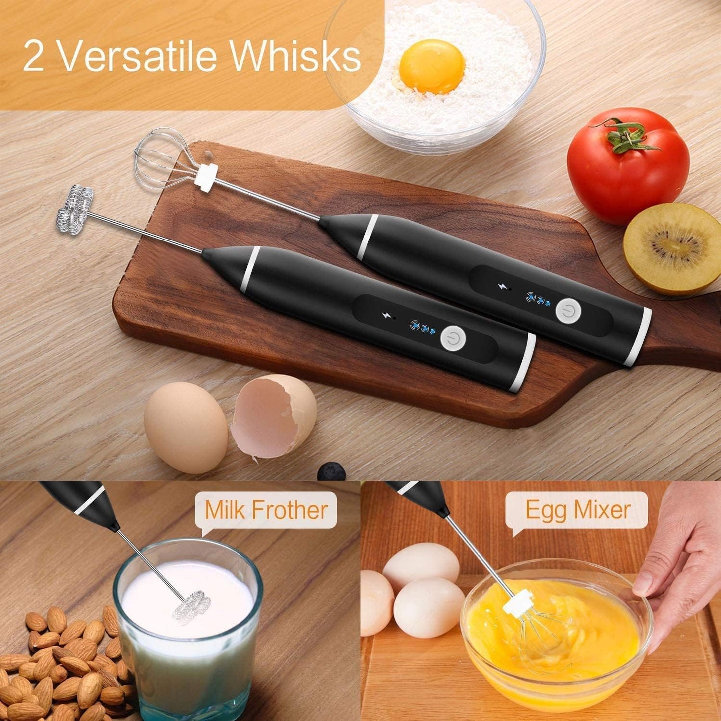 Milk Frother Handheld, Immersion Blender Cordlesss Foam Maker USB Rechargeable Small Mixer with 2 Stainless Whisks,Wisker for Stirring 3-Speed Adjustable Mini Frother for Cappuccino Latte Coffee Egg