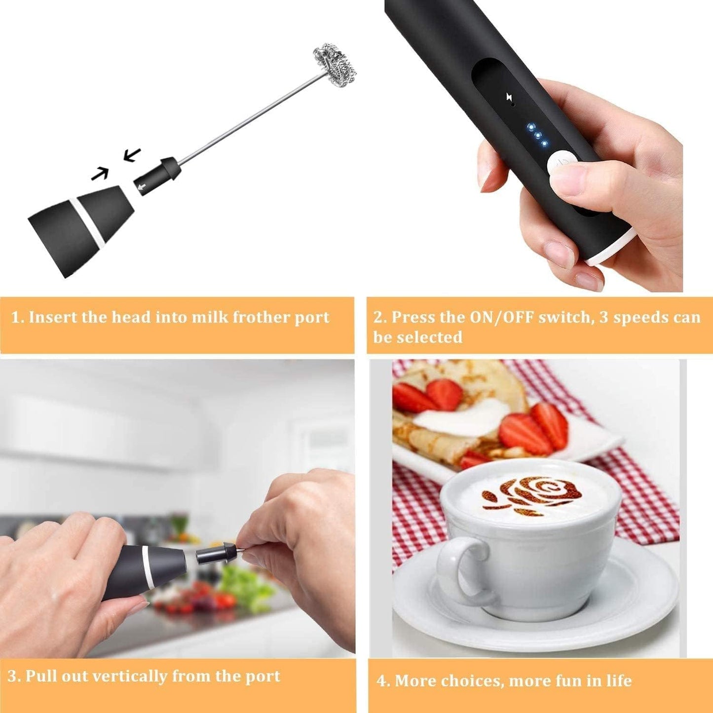 Milk Frother Handheld, Immersion Blender Cordlesss Foam Maker USB Rechargeable Small Mixer with 2 Stainless Whisks,Wisker for Stirring 3-Speed Adjustable Mini Frother for Cappuccino Latte Coffee Egg