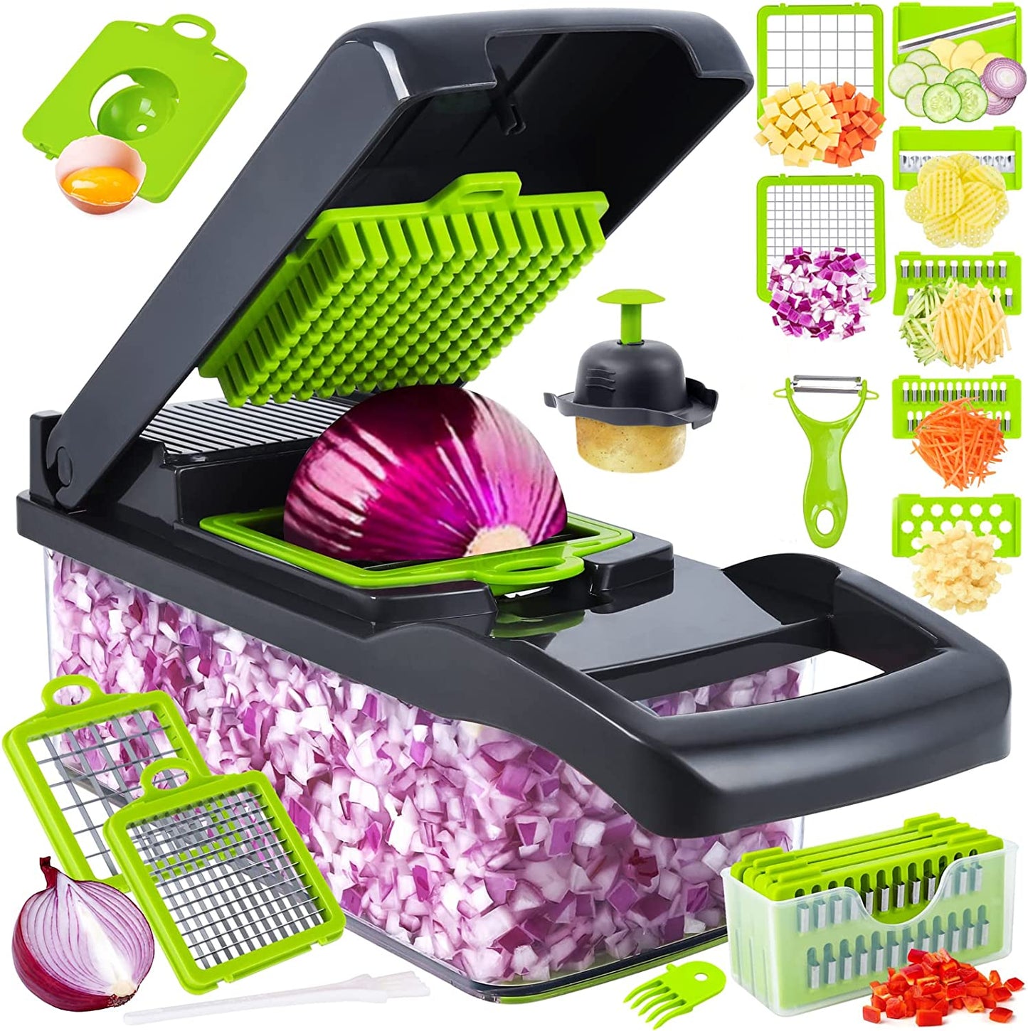 Vegetable Chopper, Pro Onion Chopper, 14 in 1Multifunctional Food Chopper, Kitchen Vegetable Slicer Dicer Cutter,Veggie Chopper with 8 Blades,Carrot and Garlic Chopper with Container (Gray)