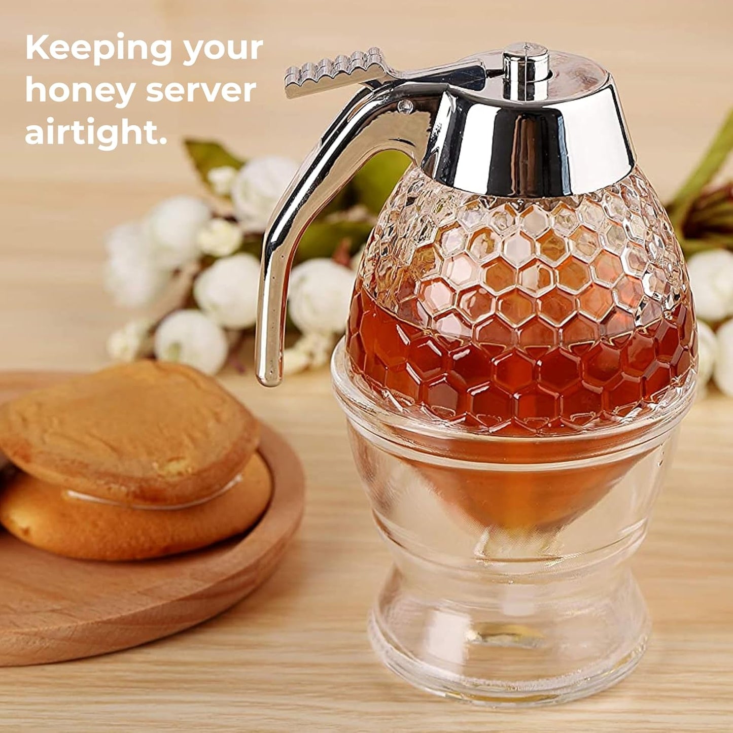 8 Oz Honey Syrup Dispenser No Drip - Coffee Syrup Dispenser with Stainless Steel Lid and Stand - No Mess Glass Honey Jar for Tea, Pancakes, Baking and Other Liquid Condiments - Easy to Refill