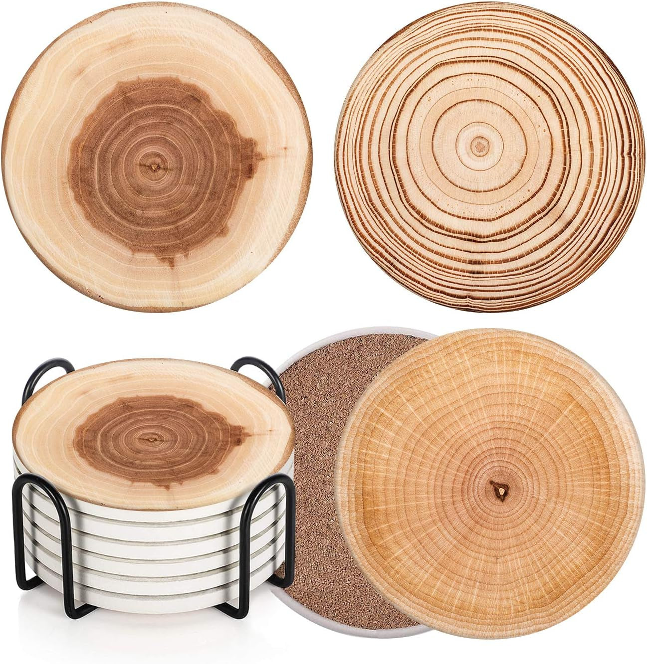 Coaster for Drinks Set of 6, Wood Grain Absorbent round Ceramic Stone Mat, with Cork Base and Metal Holder, Gift for Housewarming Room Bar Decor