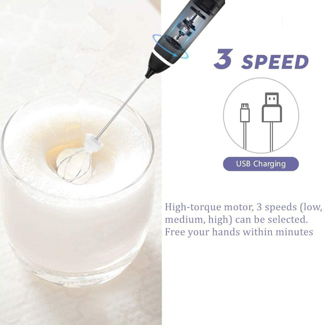 Milk Frother Handheld, Immersion Blender Cordlesss Foam Maker USB Rechargeable Small Mixer with 2 Stainless Whisks,Wisker for Stirring 3-Speed Adjustable Mini Frother for Cappuccino Latte Coffee Egg