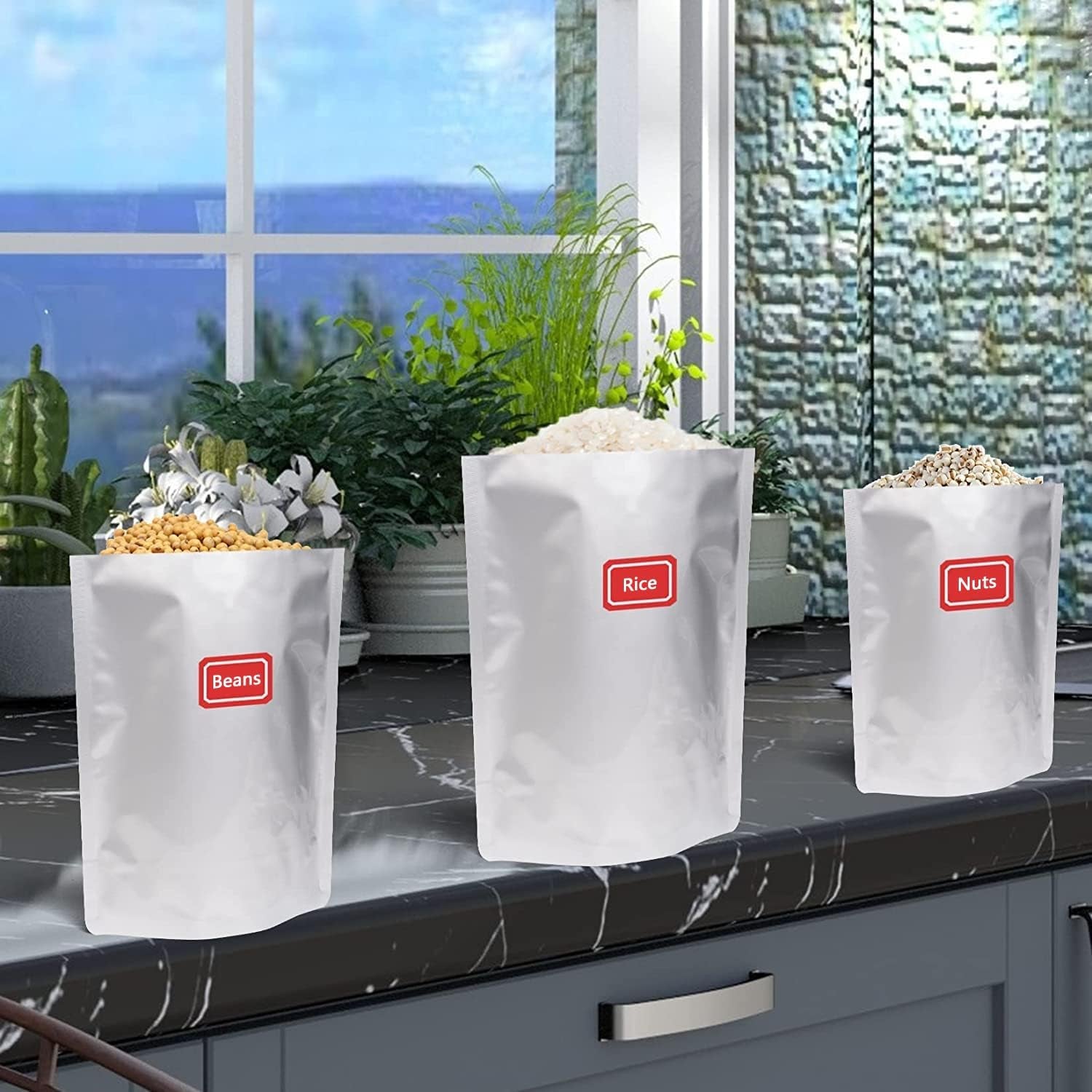 50 Pack Extra Thick 9.4 Mil 7''X10''-1 Quart Mylar Bags for Long-Term Food Storage with 50 Labers,Resealable Smell Proof Heat Sealable Bags for Edible Packaging,Stand-Up Foil Pouch Bag for Rice Tea