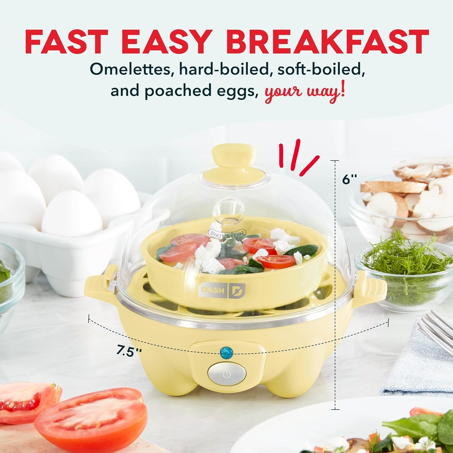 Rapid Egg Cooker: 6 Egg Capacity Electric Egg Cooker for Hard Boiled Eggs, Poached Eggs, Scrambled Eggs, or Omelets with Auto Shut off Feature - Yellow