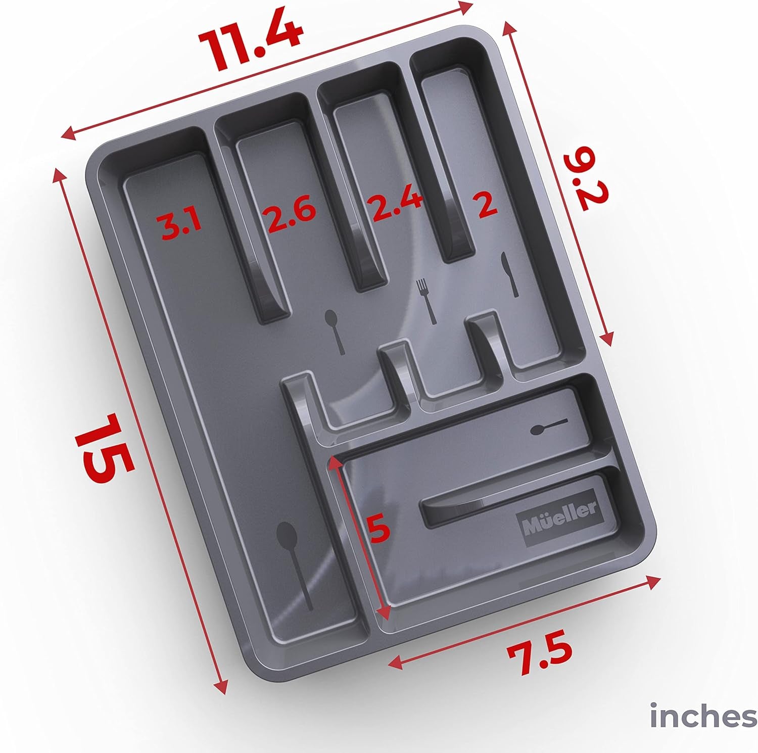 Flatware Drawer Organizer, 11.4" X 15" Silverware Organizer, 6 Compartments, Heavy-Duty, Cutlery Drawer Trays for Kitchen Utensils, Dining Room, Living Room, Medium, Dark Grey