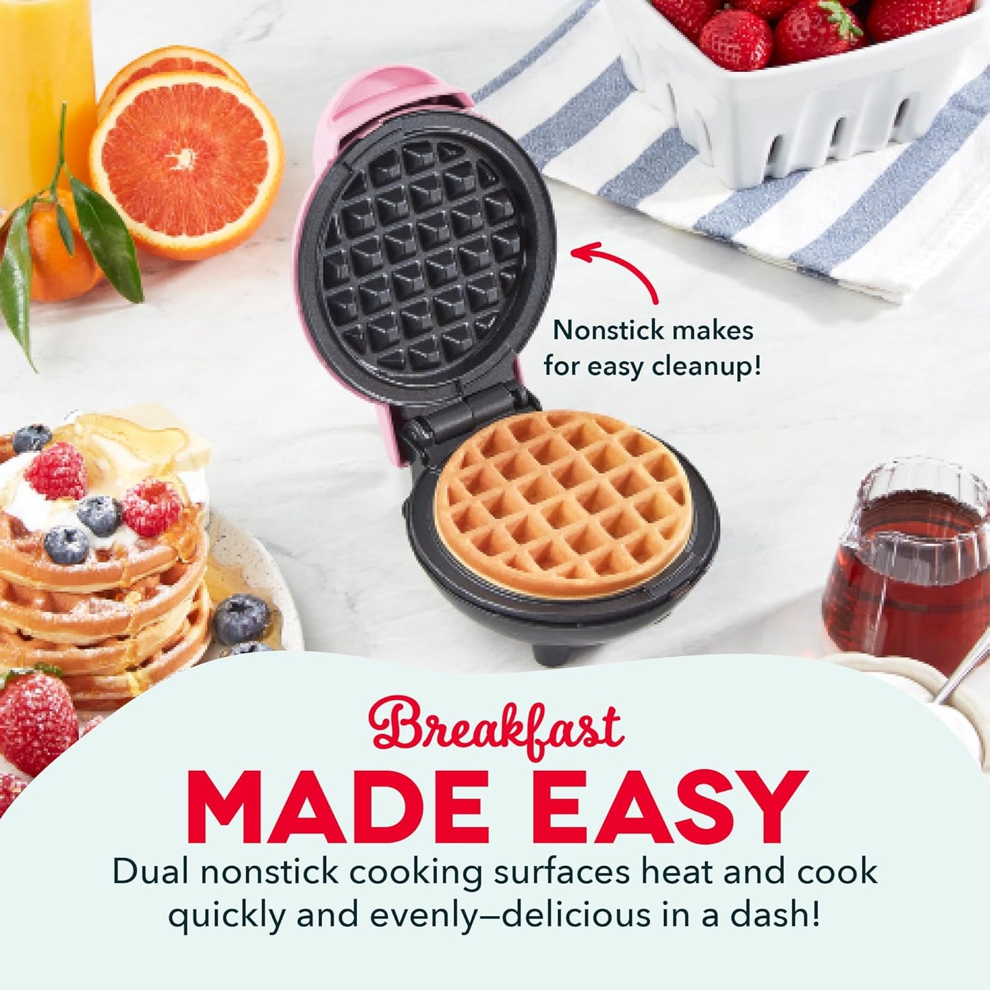 Mini Maker for Individual Waffles, Hash Browns, Keto Chaffles with Easy to Clean, Non-Stick Surfaces, 4 Inch, Pink