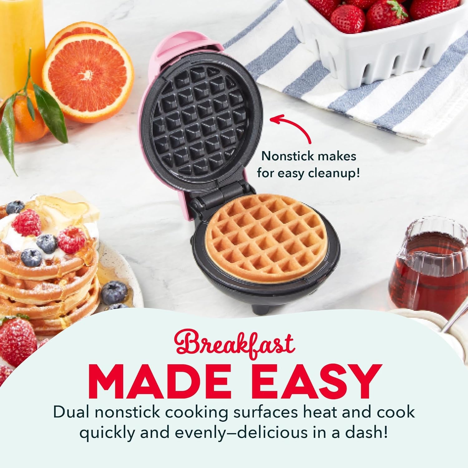 Mini Maker for Individual Waffles, Hash Browns, Keto Chaffles with Easy to Clean, Non-Stick Surfaces, 4 Inch, Pink