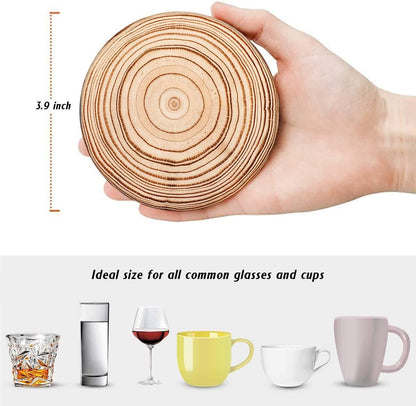 Coaster for Drinks Set of 6, Wood Grain Absorbent round Ceramic Stone Mat, with Cork Base and Metal Holder, Gift for Housewarming Room Bar Decor