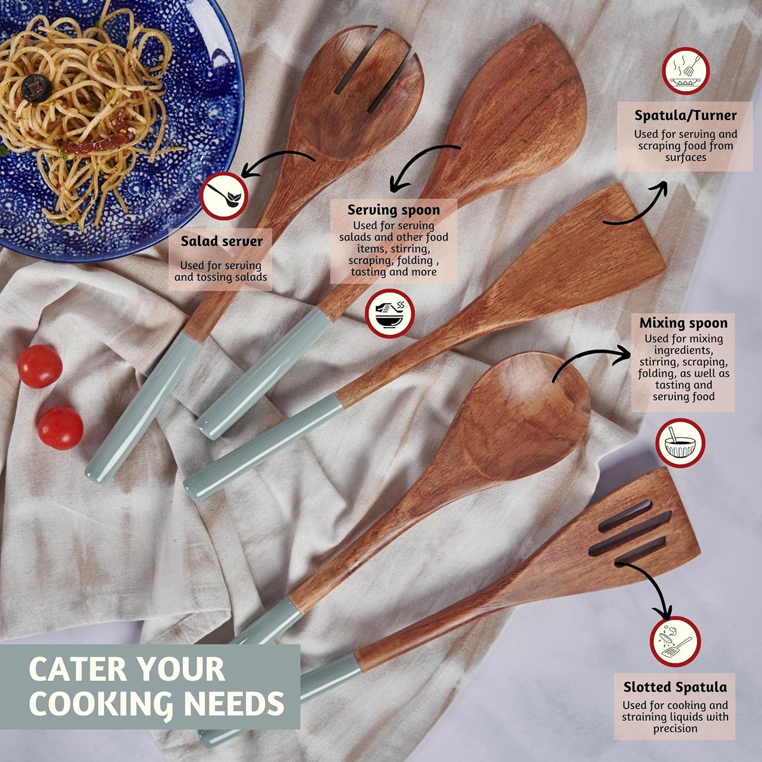 Wooden Spoons for Cooking | 12" Premium Acacia Wooden Utensil Set of 5 - Smooth Finish, Soft Comfort Cooking Utensils Set for Kitchen, Gifts | Non Stick Wooden Cooking Utensils Set of 5