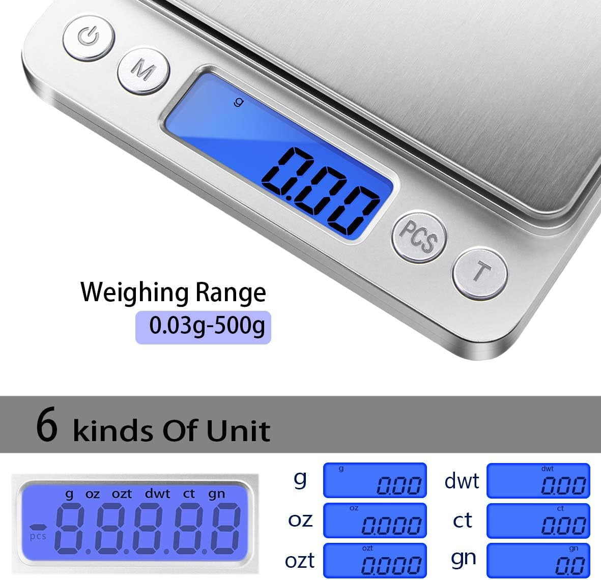 Digital Gram Scale .01 Gram Accuracy, 500G Small Jewelry Scale, Mini Kitchen Food Scale for Herb, Powder, Gold, Coin - Weight Gram and Oz