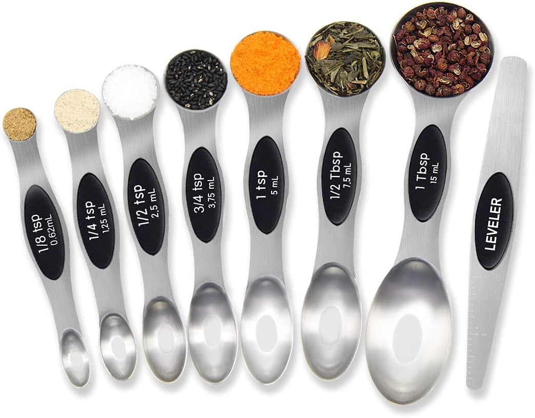 Magnetic Measuring Spoons Set Stainless Steel Dual Sided Measuring for Dry and Liquid Ingredients Set of 8 (Black)