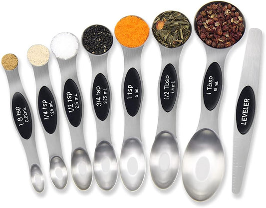 Magnetic Measuring Spoons Set Stainless Steel Dual Sided Measuring for Dry and Liquid Ingredients Set of 8 (Black)