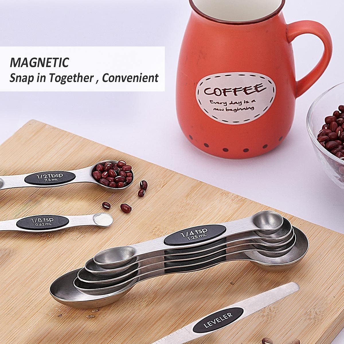 Magnetic Measuring Spoons Set Stainless Steel Dual Sided Measuring for Dry and Liquid Ingredients Set of 8 (Black)