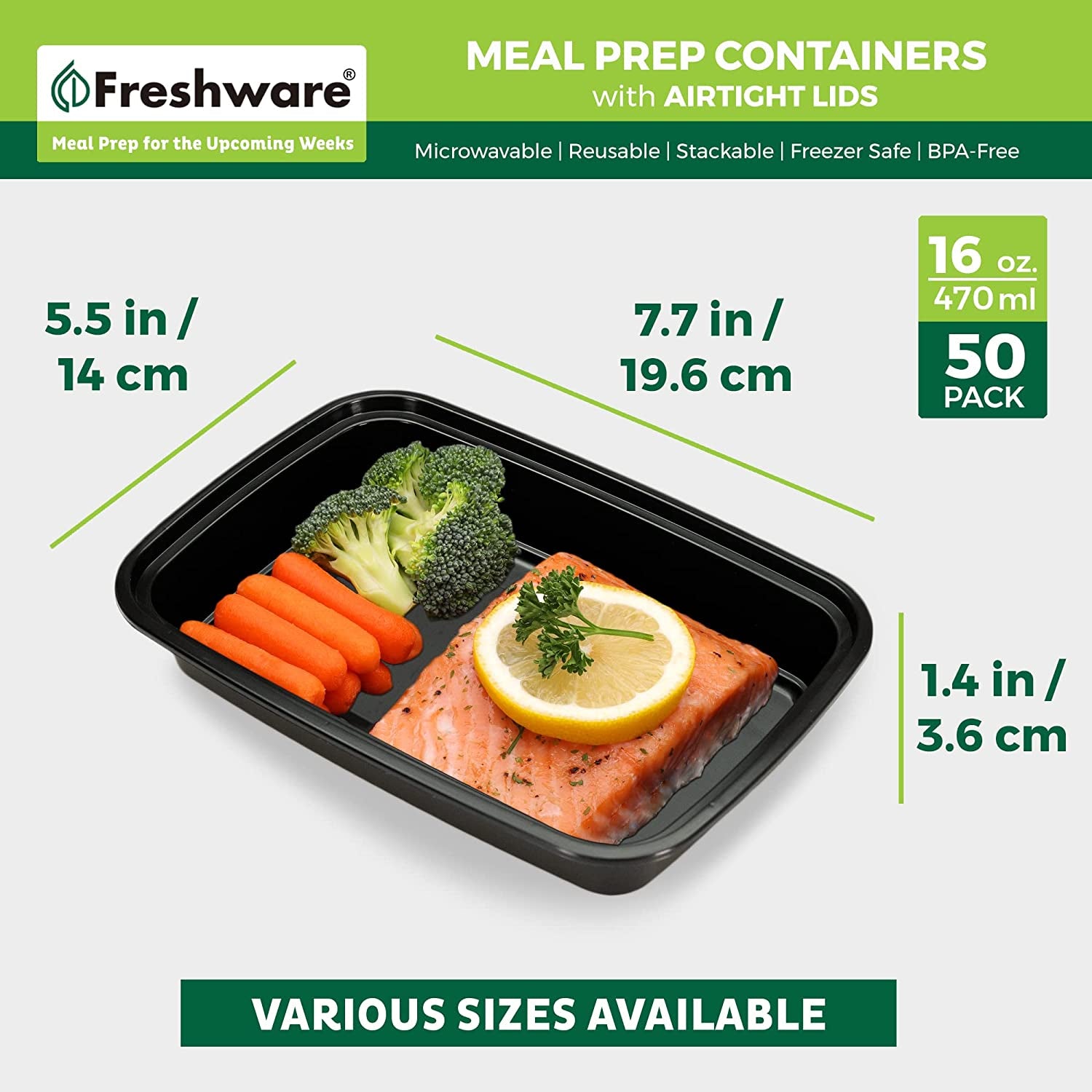 Meal Prep Containers [50 Pack] 1 Compartment Food Storage Containers with Lids, Bento Box, BPA Free, Stackable, Microwave/Dishwasher/Freezer Safe (16 Oz)