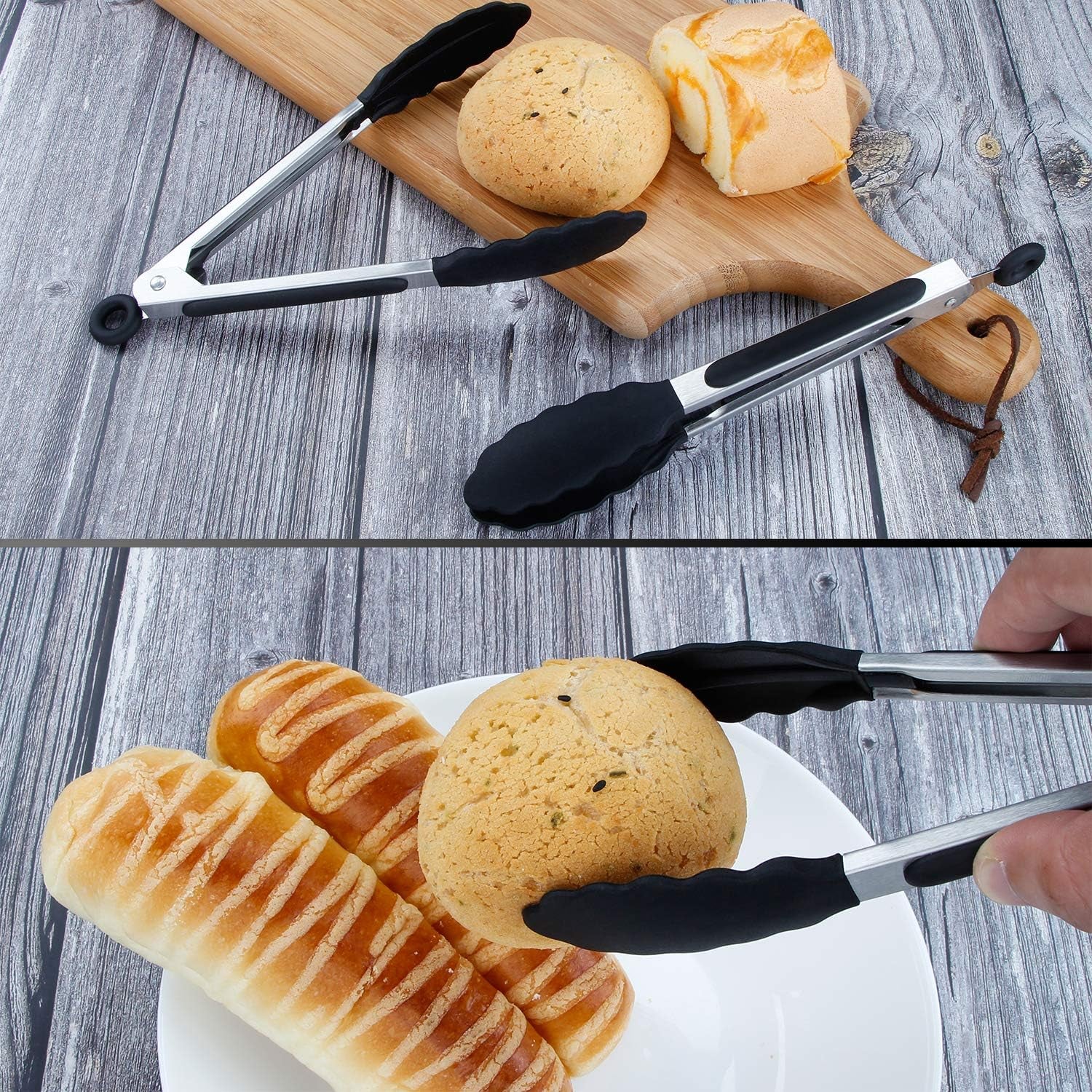 Kitchen Food Tongs - 7" Mini Silicone Serving Tongs for Appetizers - Set of 3 (Black White Gray)