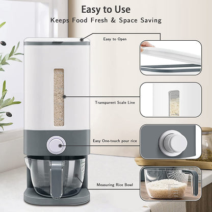 22-25 Lbs Rice Dispenser, Large Cereal Dry Food Storage Containers with Measuring Cup,Bpa-Free Household for Kitchen Pantry Organization-Grey