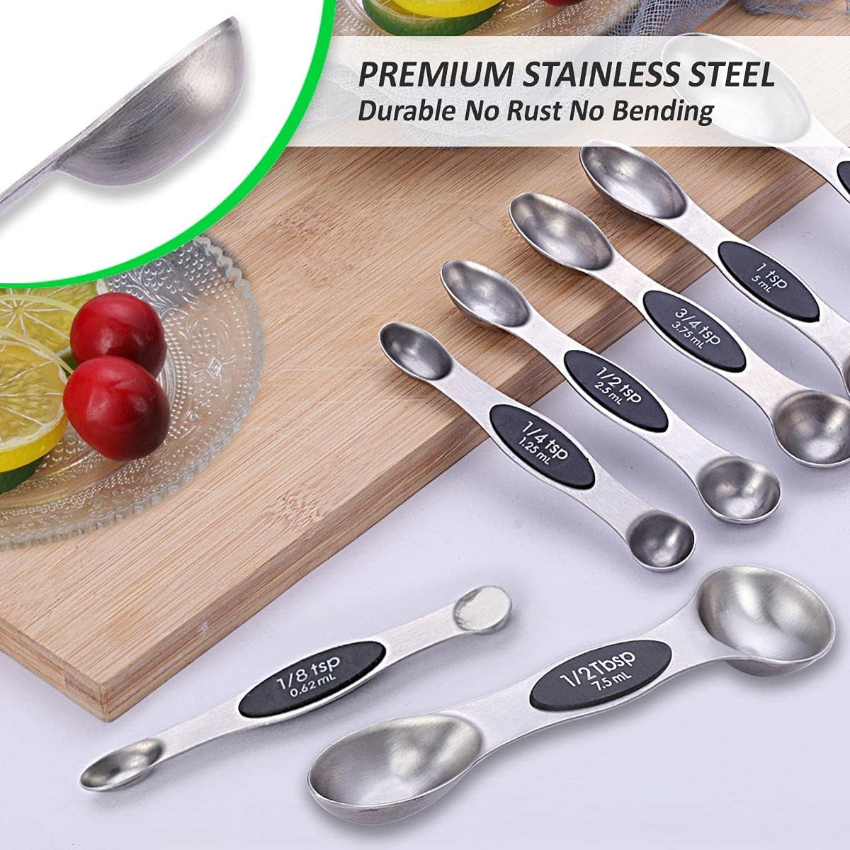 Magnetic Measuring Spoons Set Stainless Steel Dual Sided Measuring for Dry and Liquid Ingredients Set of 8 (Black)