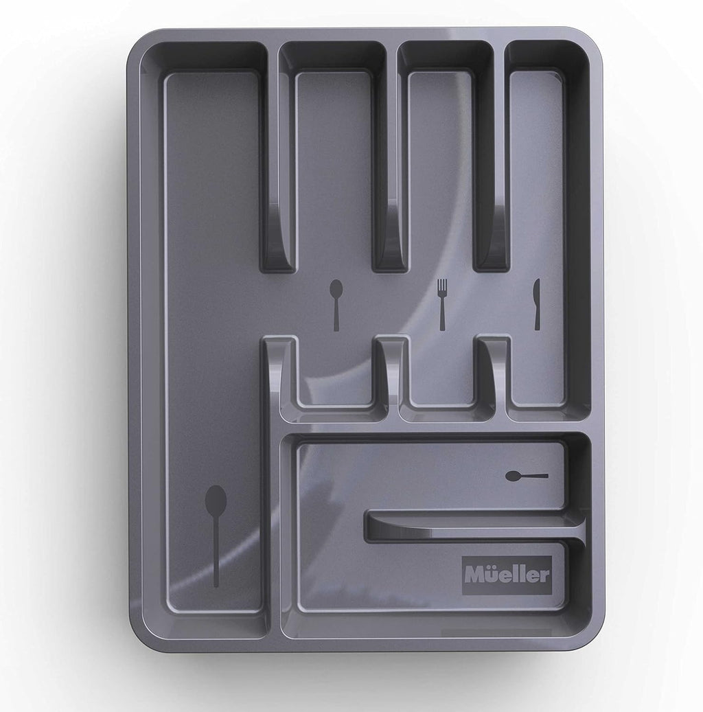Flatware Drawer Organizer, 11.4" X 15" Silverware Organizer, 6 Compartments, Heavy-Duty, Cutlery Drawer Trays for Kitchen Utensils, Dining Room, Living Room, Medium, Dark Grey