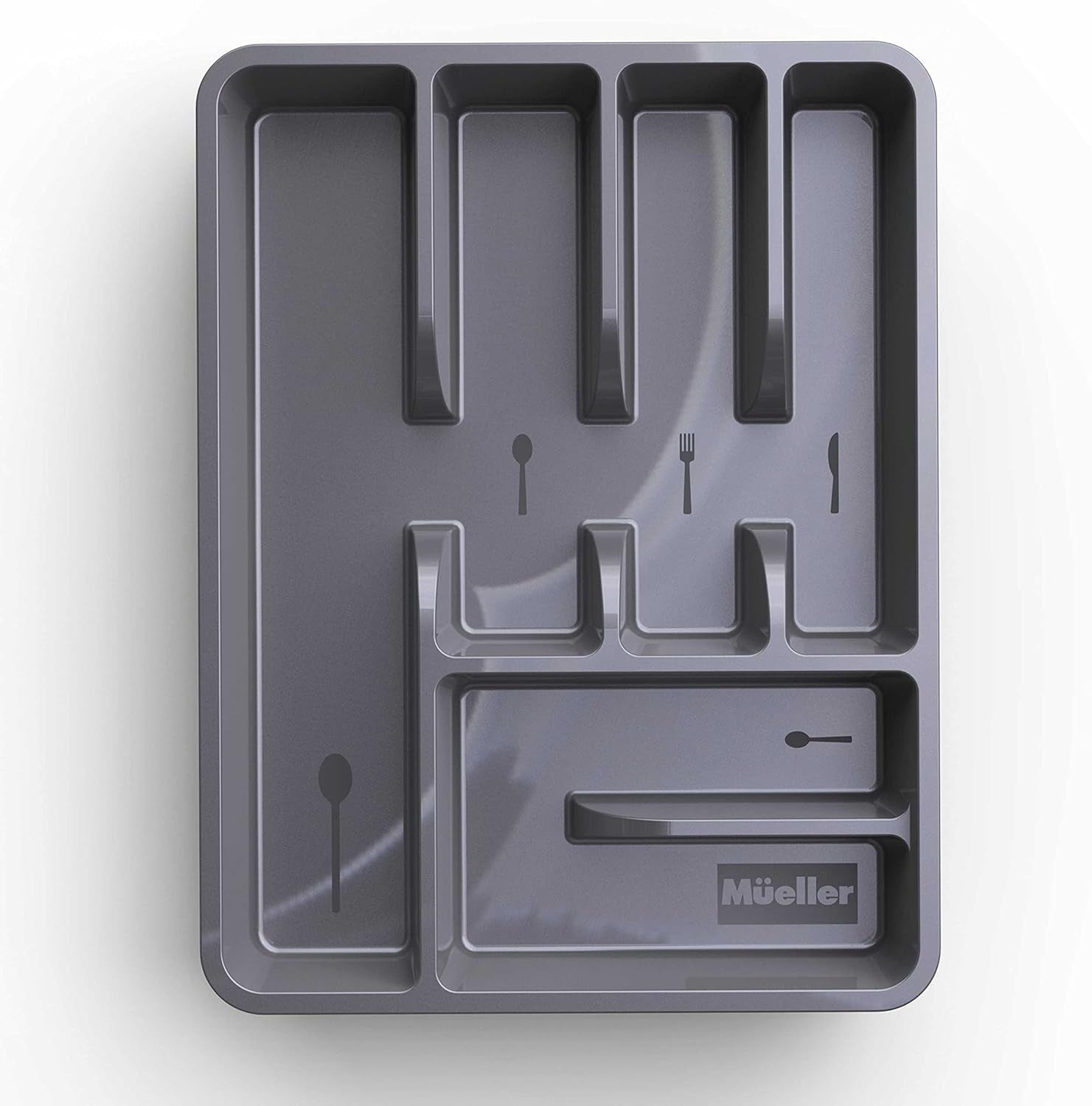 Flatware Drawer Organizer, 11.4" X 15" Silverware Organizer, 6 Compartments, Heavy-Duty, Cutlery Drawer Trays for Kitchen Utensils, Dining Room, Living Room, Medium, Dark Grey