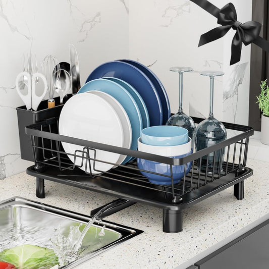 Dish Drying Rack, Space-Saving Dish Rack, Dish Racks for Kitchen Counter, Kitchen Dish Drainers with Removable Utensil Holder, Plate Rack and Drainboard, 11''W X 15''L, Black