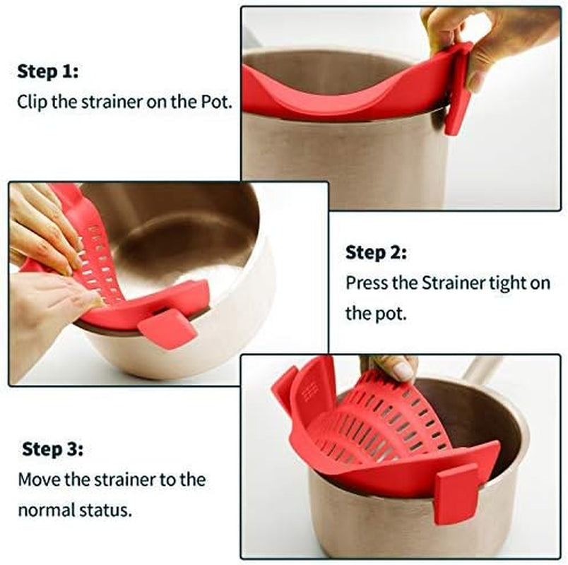 Clip on Strainer Silicone for All Pots and Pans,  Pasta Strainer Clip on Food Strainer for Meat Vegetables Fruit Silicone Kitchen Colander