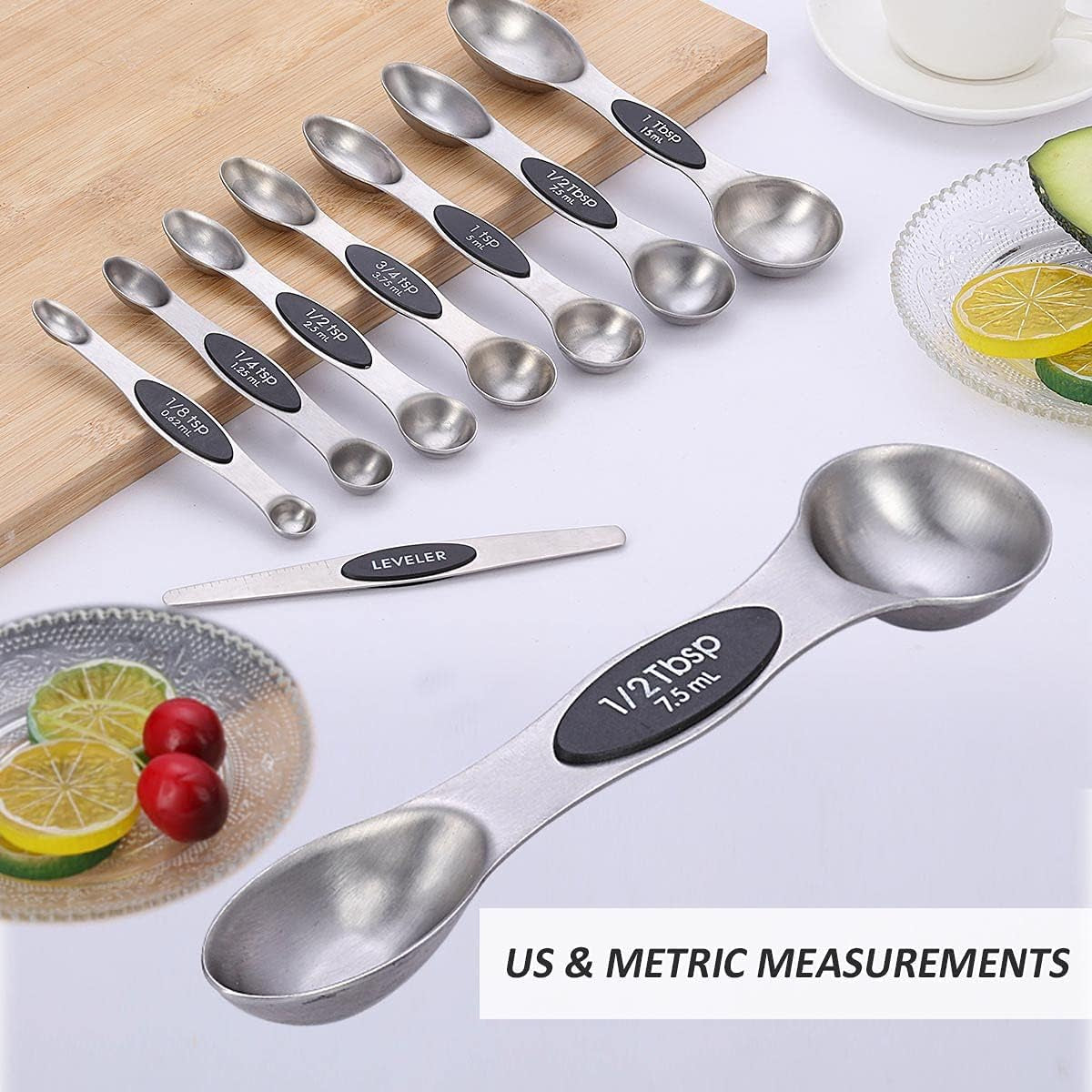 Magnetic Measuring Spoons Set Stainless Steel Dual Sided Measuring for Dry and Liquid Ingredients Set of 8 (Black)