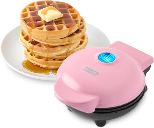 Mini Maker for Individual Waffles, Hash Browns, Keto Chaffles with Easy to Clean, Non-Stick Surfaces, 4 Inch, Pink