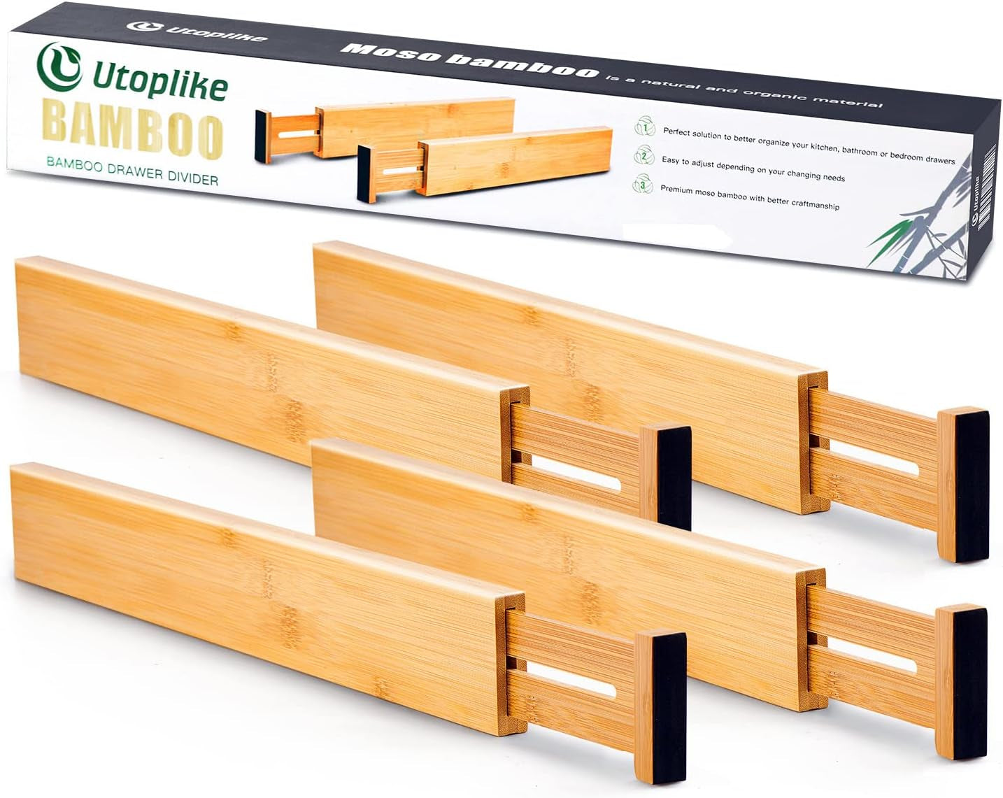 4 Pcs Bamboo Kitchen Drawer Dividers Large, Adjustable Drawer Organizers, Spring Loaded, Works in Kitchen, Dresser, Bathroom, Bedroom, Drawer, Desk