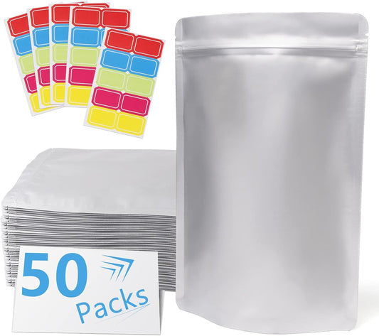 50 Pack Extra Thick 9.4 Mil 7''X10''-1 Quart Mylar Bags for Long-Term Food Storage with 50 Labers,Resealable Smell Proof Heat Sealable Bags for Edible Packaging,Stand-Up Foil Pouch Bag for Rice Tea