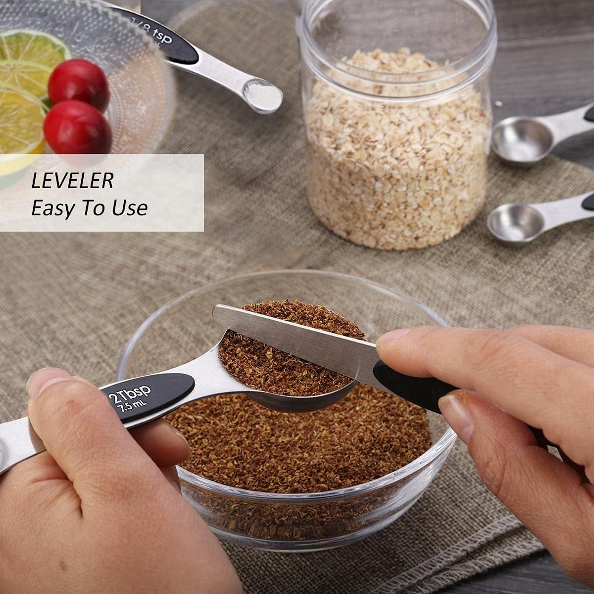 Magnetic Measuring Spoons Set Stainless Steel Dual Sided Measuring for Dry and Liquid Ingredients Set of 8 (Black)