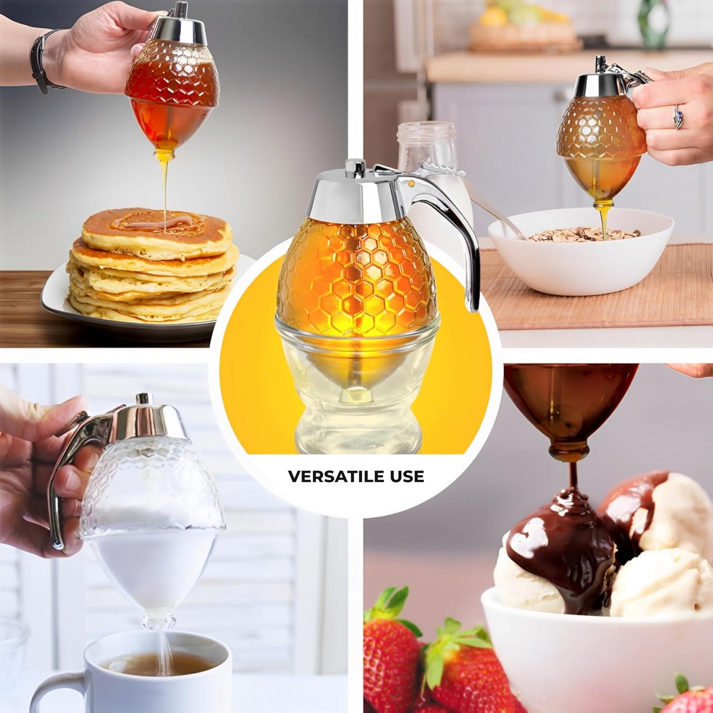 8 Oz Honey Syrup Dispenser No Drip - Coffee Syrup Dispenser with Stainless Steel Lid and Stand - No Mess Glass Honey Jar for Tea, Pancakes, Baking and Other Liquid Condiments - Easy to Refill