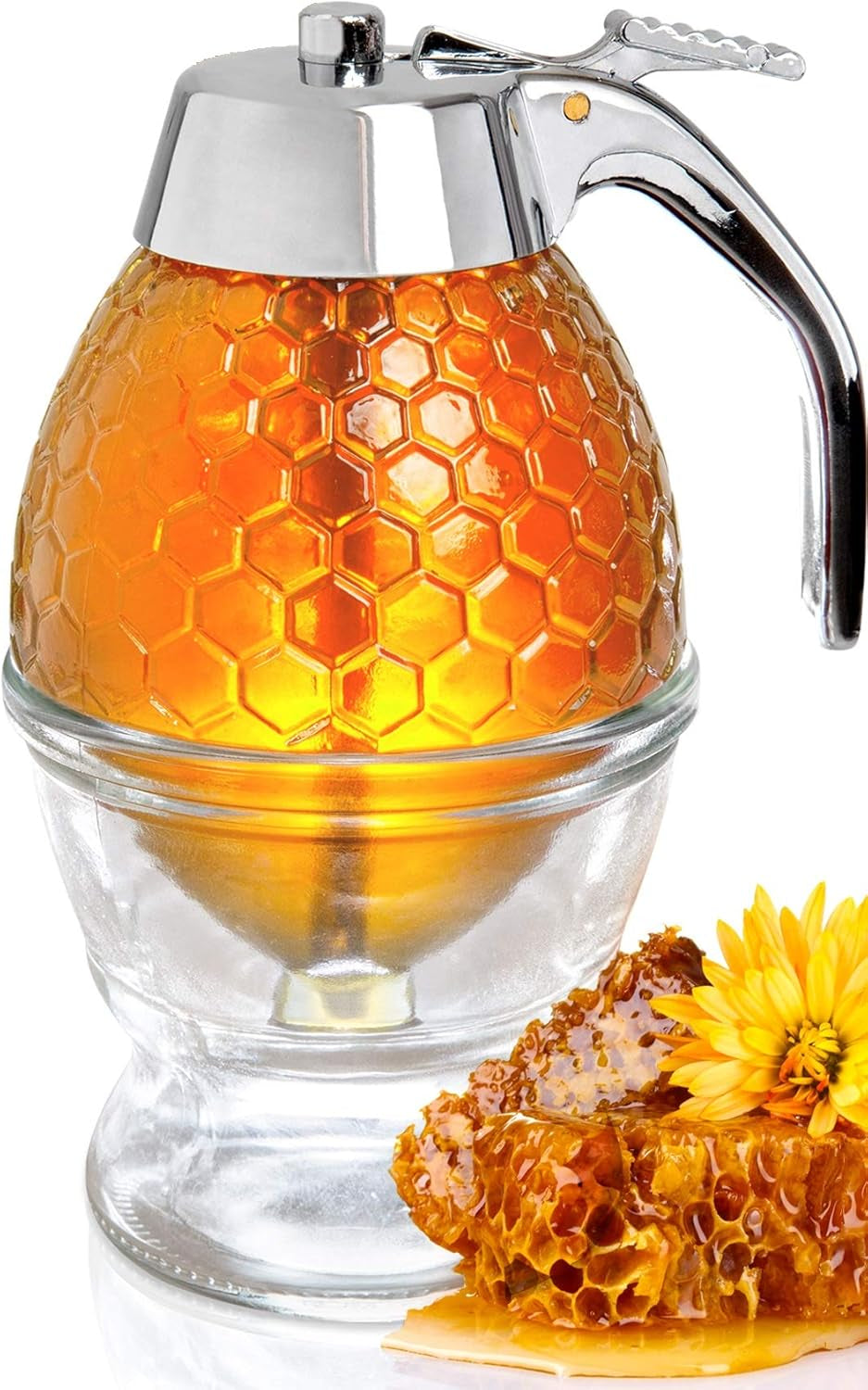 8 Oz Honey Syrup Dispenser No Drip - Coffee Syrup Dispenser with Stainless Steel Lid and Stand - No Mess Glass Honey Jar for Tea, Pancakes, Baking and Other Liquid Condiments - Easy to Refill
