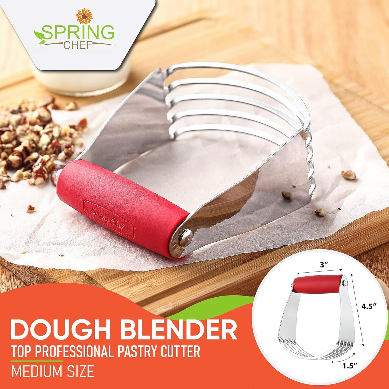 Dough Blender, Top Professional Pastry Cutter, Heavy Duty Baking Tool with Stainless Steel Blades, Medium Size, Red