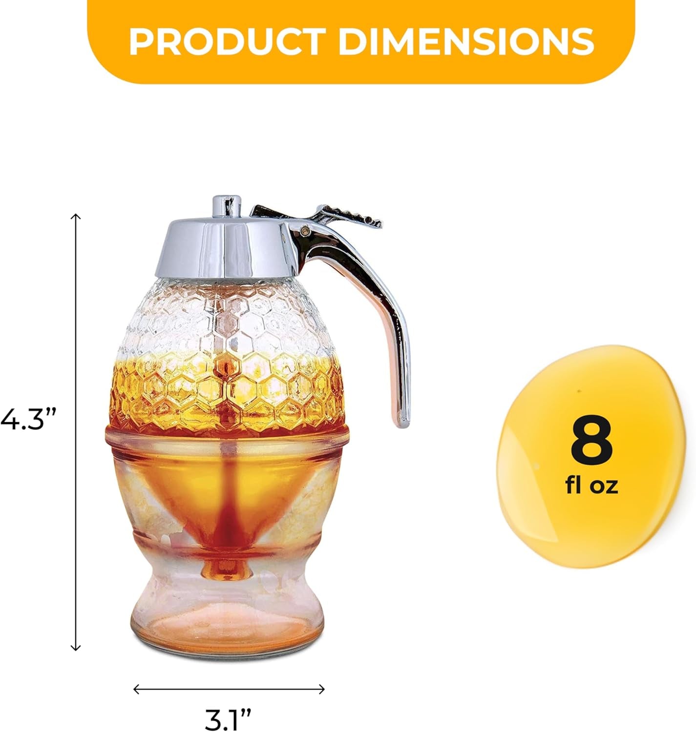 8 Oz Honey Syrup Dispenser No Drip - Coffee Syrup Dispenser with Stainless Steel Lid and Stand - No Mess Glass Honey Jar for Tea, Pancakes, Baking and Other Liquid Condiments - Easy to Refill