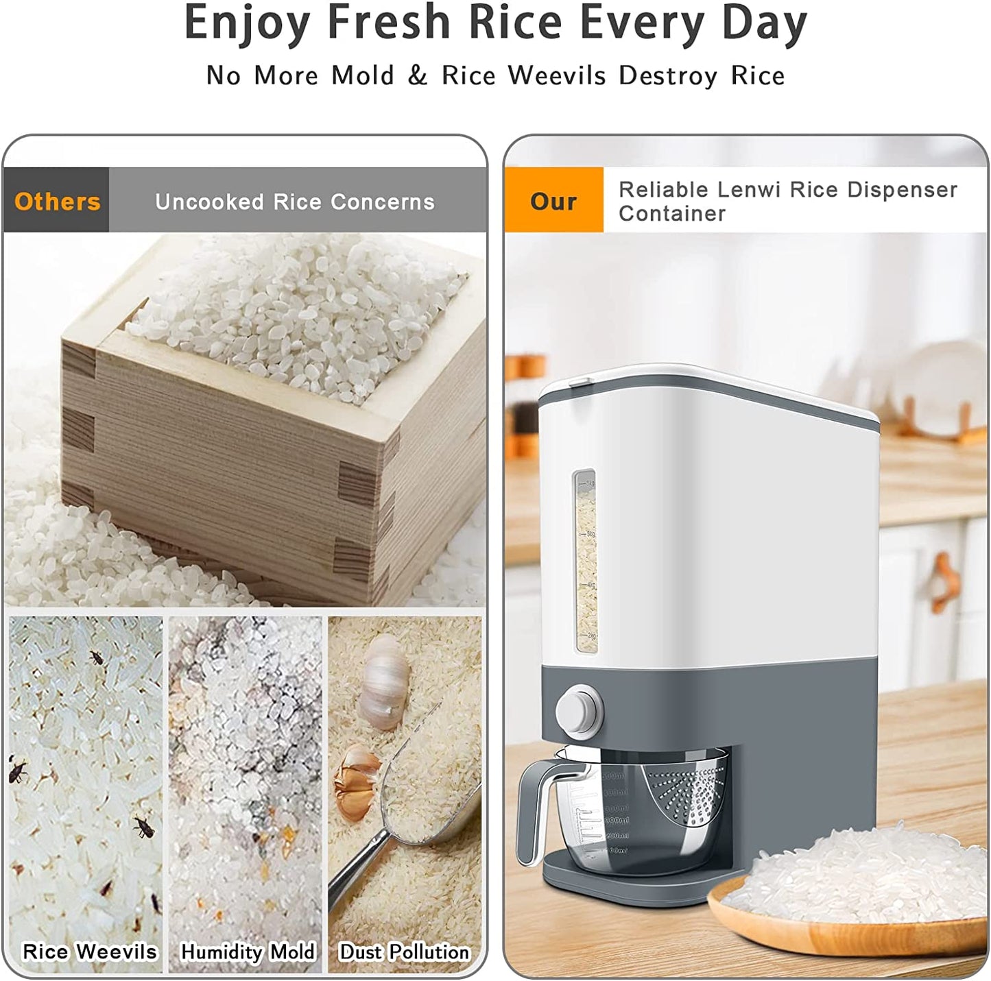 22-25 Lbs Rice Dispenser, Large Cereal Dry Food Storage Containers with Measuring Cup,Bpa-Free Household for Kitchen Pantry Organization-Grey