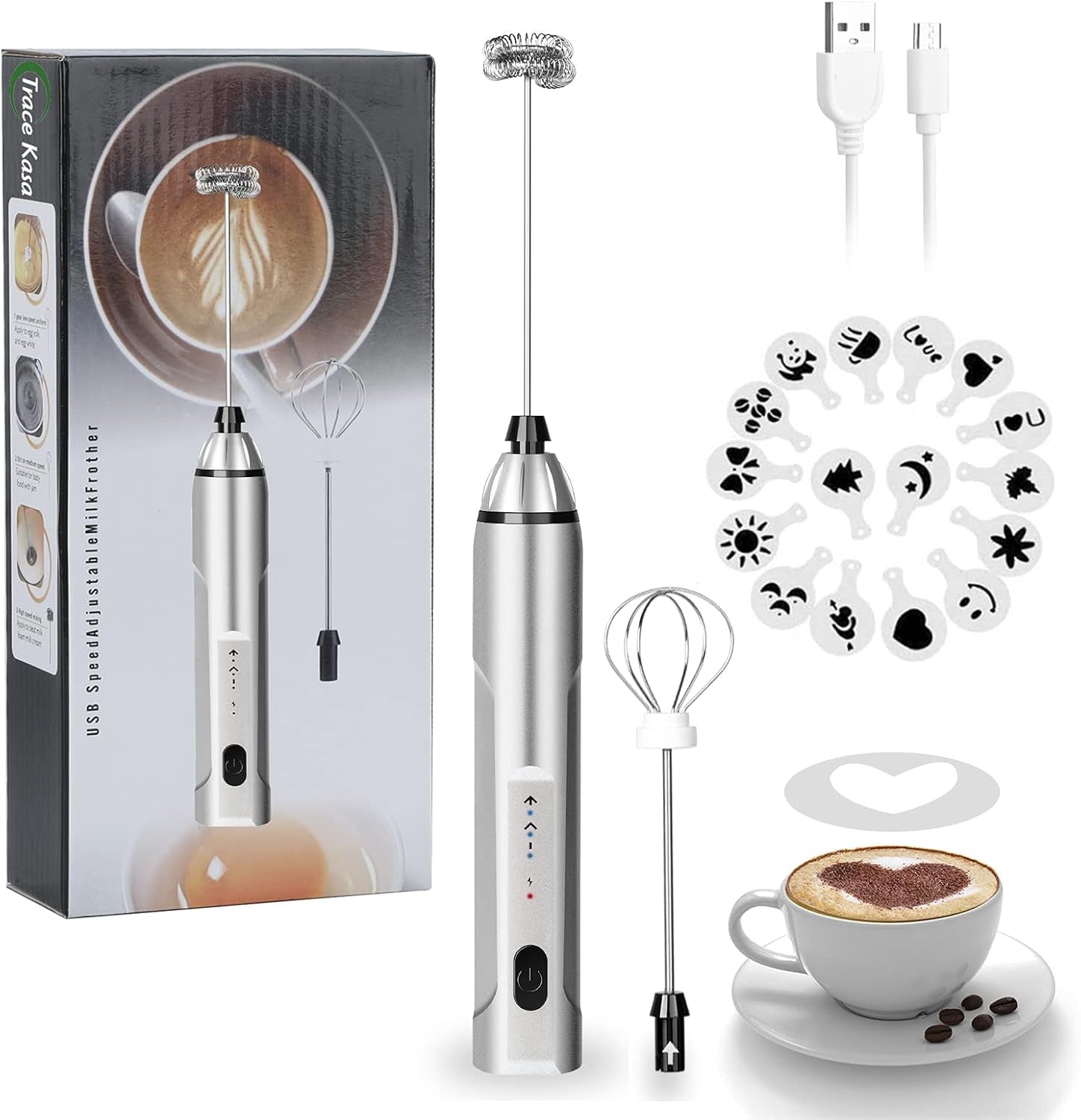 Milk Frother Handheld, 3-Speed USB Rechargeable Electric Coffee Milk Frother, Foam Maker for Latte Cappuccino, Double Whisk Drink Mixer for Frappe Hot Chocolate Cream & Bulletproof Coffee