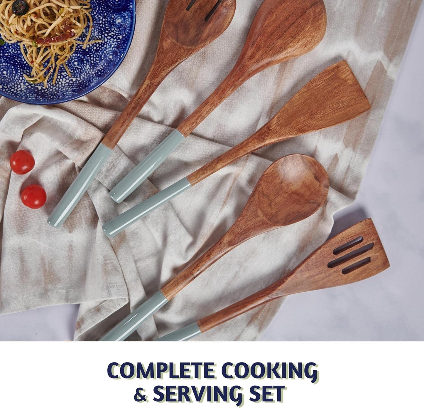 Wooden Spoons for Cooking | 12" Premium Acacia Wooden Utensil Set of 5 - Smooth Finish, Soft Comfort Cooking Utensils Set for Kitchen, Gifts | Non Stick Wooden Cooking Utensils Set of 5