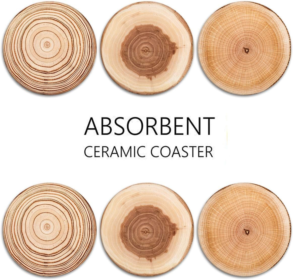 Coaster for Drinks Set of 6, Wood Grain Absorbent round Ceramic Stone Mat, with Cork Base and Metal Holder, Gift for Housewarming Room Bar Decor