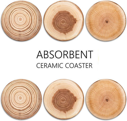 Coaster for Drinks Set of 6, Wood Grain Absorbent round Ceramic Stone Mat, with Cork Base and Metal Holder, Gift for Housewarming Room Bar Decor