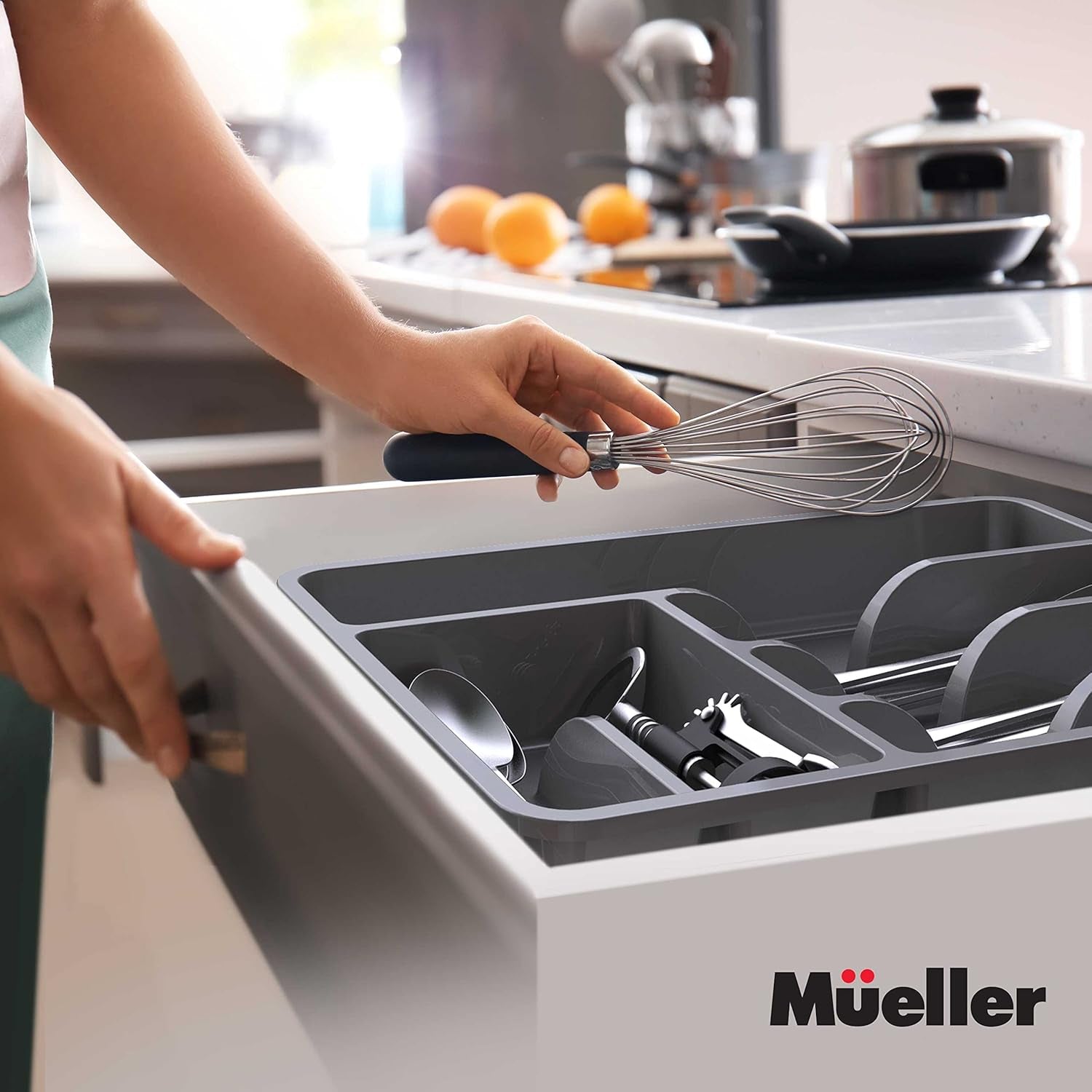 Flatware Drawer Organizer, 11.4" X 15" Silverware Organizer, 6 Compartments, Heavy-Duty, Cutlery Drawer Trays for Kitchen Utensils, Dining Room, Living Room, Medium, Dark Grey