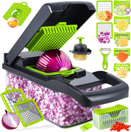 Vegetable Chopper, Pro Onion Chopper, 14 in 1Multifunctional Food Chopper, Kitchen Vegetable Slicer Dicer Cutter,Veggie Chopper with 8 Blades,Carrot and Garlic Chopper with Container (Gray)
