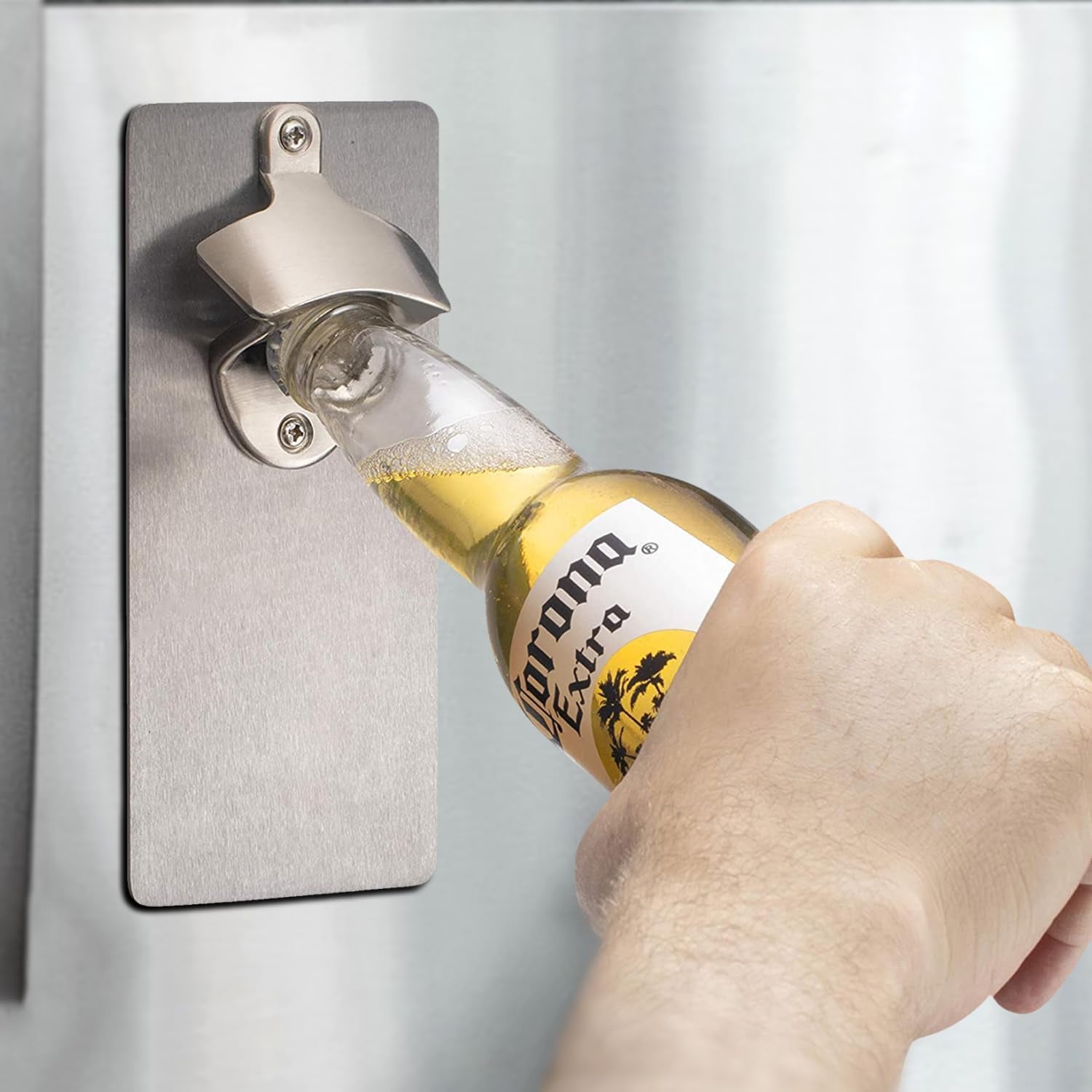 Bottle Opener Wall Mounted - Strong Magnetic with Zinc Alloy Wine Opener and Cap Catcher - Stainless Steel Manual Can Opener in Wood Texture Design for Indoor or Outdoor - 8Lx3.2Hx1W Inches