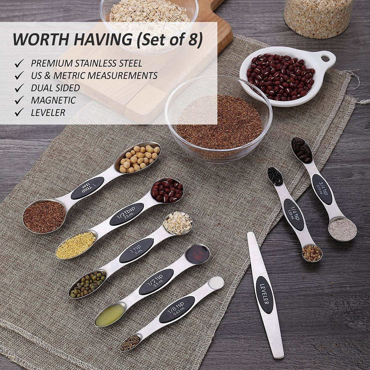 Magnetic Measuring Spoons Set Stainless Steel Dual Sided Measuring for Dry and Liquid Ingredients Set of 8 (Black)