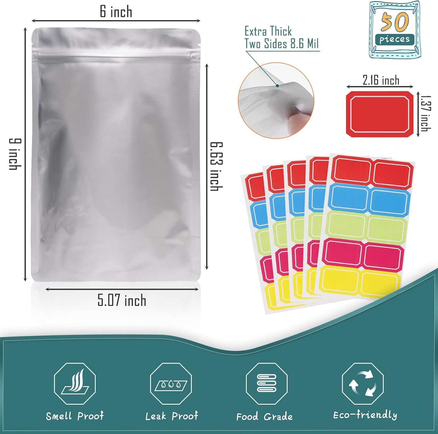 50 Pack Extra Thick 9.4 Mil 7''X10''-1 Quart Mylar Bags for Long-Term Food Storage with 50 Labers,Resealable Smell Proof Heat Sealable Bags for Edible Packaging,Stand-Up Foil Pouch Bag for Rice Tea