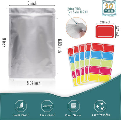 50 Pack Extra Thick 9.4 Mil 7''X10''-1 Quart Mylar Bags for Long-Term Food Storage with 50 Labers,Resealable Smell Proof Heat Sealable Bags for Edible Packaging,Stand-Up Foil Pouch Bag for Rice Tea